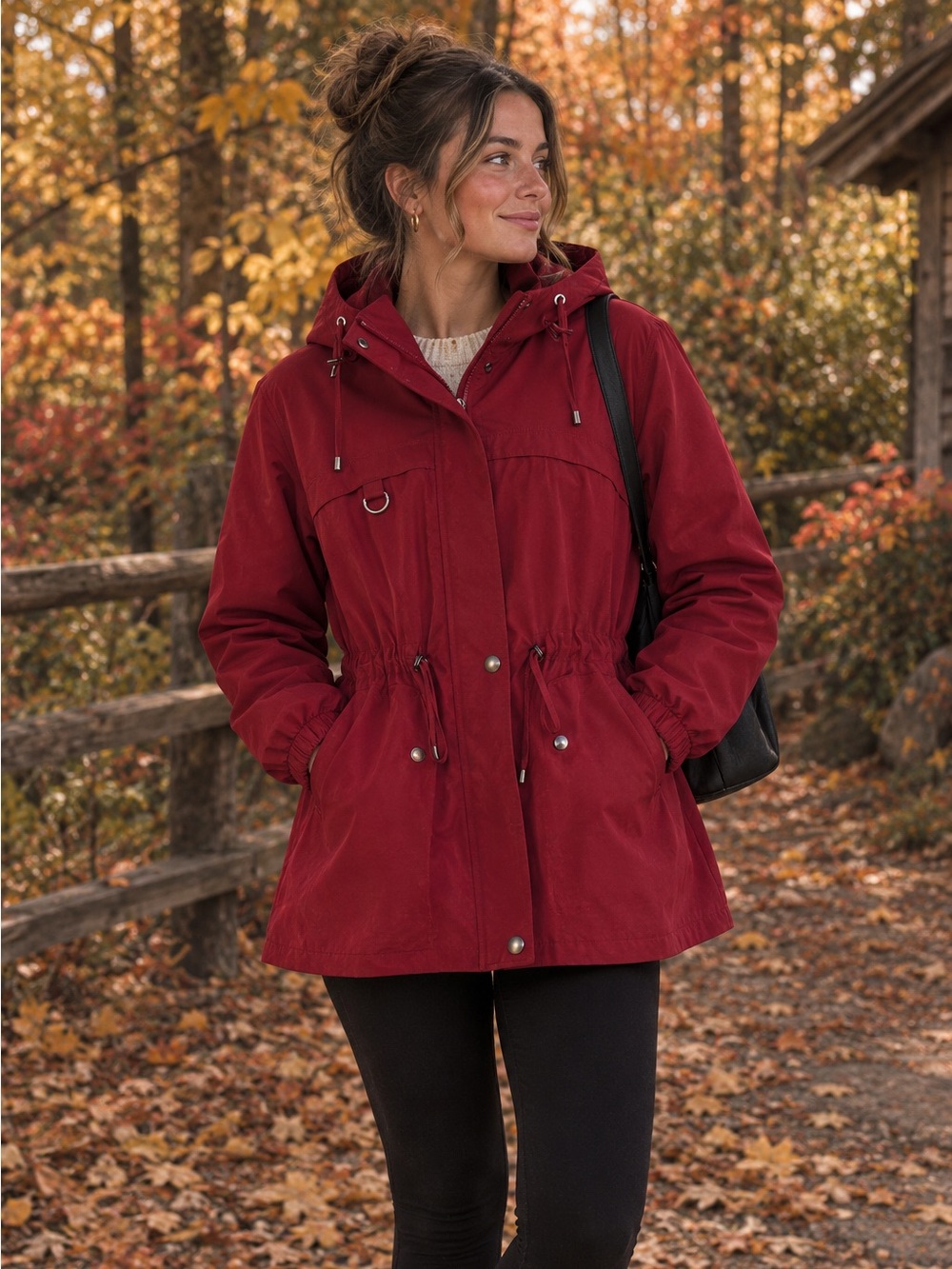 Burgundy Red Rain Jacket Size L Double Lined Cinched Waist Hooded